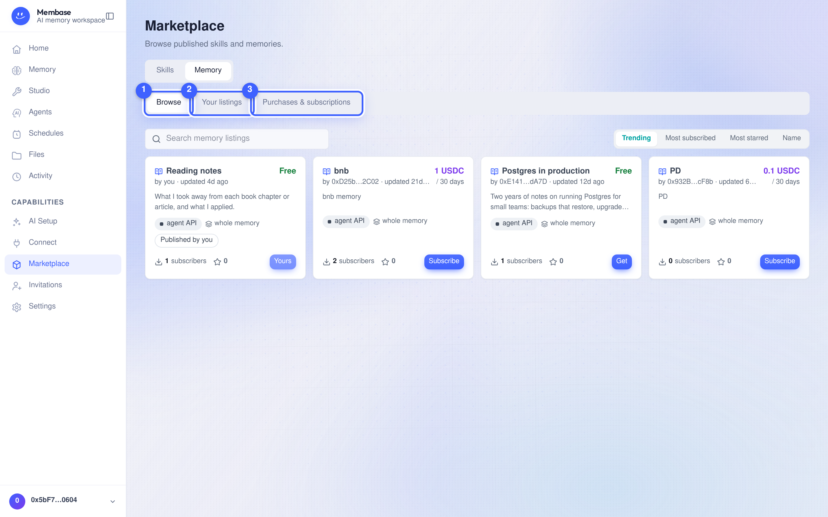 Marketplace, Memory tab
